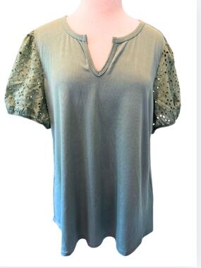 Eyelet Sleeve, Notch Neck Rib Top in Sage